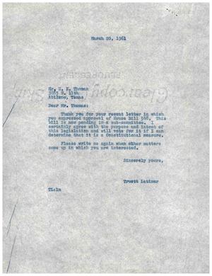[Letter from Truett Latimer to H. E. Thomas, March 20, 1961]
