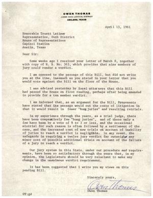 [Letter from Owen Thomas to Truett Latimer, April 13, 1961]