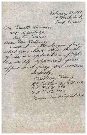 [Letter from Mrs. Kay Kantz to Truett Latimer, February 25, 1961]