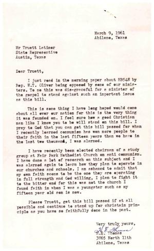 [Letter from H. E. Thomas to Truett Latimer, March 9, 1961]