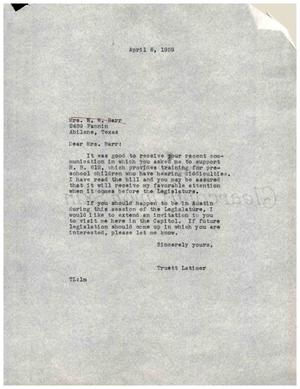 [Letter from Truett Latimer to Mrs. W. W. Barr, April 6, 1959]