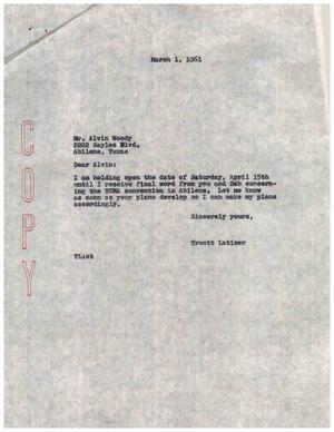 [Letter from Truett Latimer to Alvin Woody, March 1, 1961]