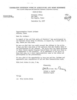 [Letter from Thelma A. Casey to Truett Latimer, September 11, 1957]