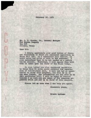 [Letter from Truett Latimer to J. P. Carson, Jr., February 16, 1961]