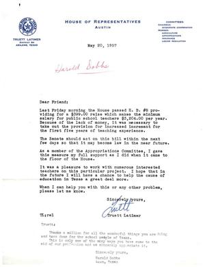[Letter from Truett Latimer to Harold Dobbs, May 20, 1957]