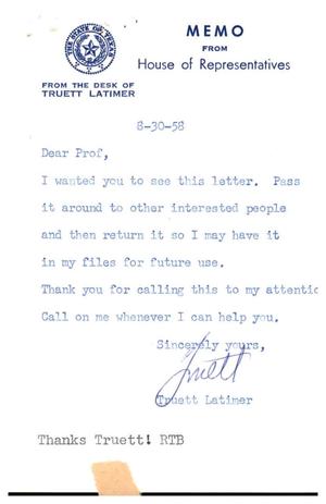 [Letter from Truett Latimer, August 30, 1958]