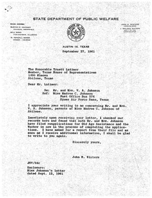 [Letter from John H. Winters to Truett Latimer, September 27, 1961]