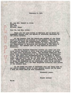 [Letter from Truett Latimer to Mr. and Mrs. Robert L. Allen, February 6, 1961]