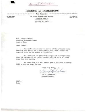 [Letter from Sam L. Robertson to Truett Latimer, January 30, 1959]
