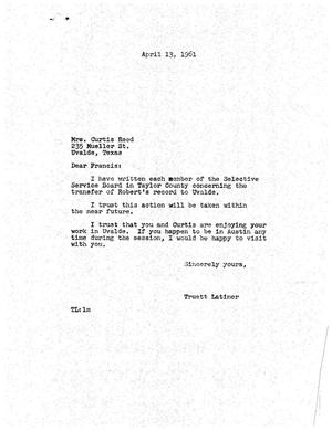 [Letter from Truett Latimer to Mrs. Curtis Reed, April 13, 1961]