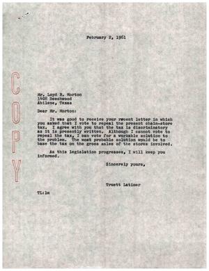 [Letter from Truett Latimer to Loyd R. Morton, February 2, 1961]
