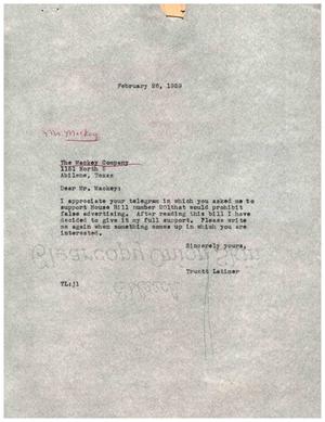 Primary view of object titled '[Letter from Truett Latimer to The Mackey Company, February 26, 1959]'.