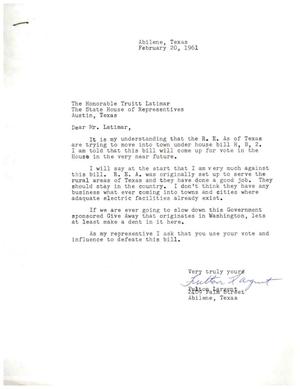 [Letter from Fulton Largent to Truett Latimer, February 20, 1961]