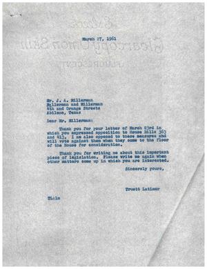 [Letter from Truett Latimer to J. A. Millerman, March 27, 1961]