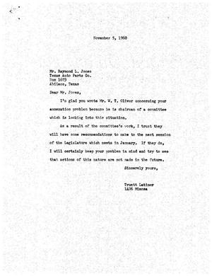 [Letter from Truett Latimer to Raymond L. Jones, November 5, 1960]