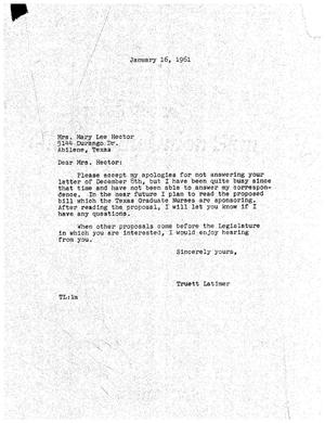 [Letter from Truett Latimer to Mrs. Mary Lee Hector, January 16, 1961]