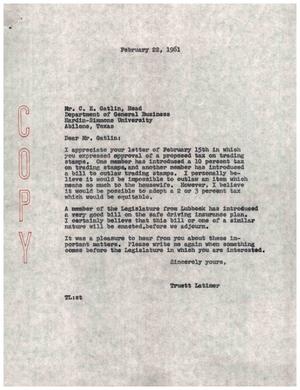 [Letter from Truett Latimer to C. E. Gatlin to Truett Latimer, February 22, 1961]
