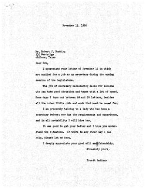[Letter from Truett Latimer to Robert J. Rushing, November 15, 1960]