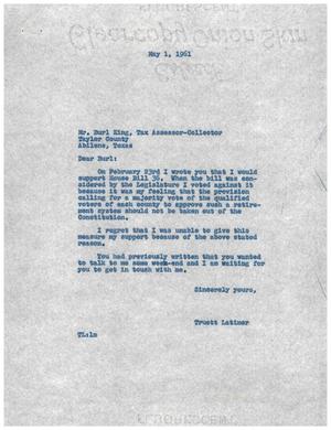 [Letter from Truett Latimer to Burl King, May 1, 1961]