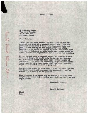 [Letter from Truett Latimer to Bailey Lewis, March 1, 1961]