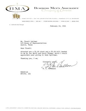 [Letter from R. L. McMillon to Truett Latimer, February 10, 1961]