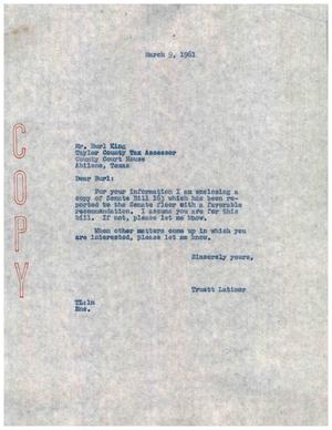 [Letter from Truett Latimer to Burl King, March 9, 1961]