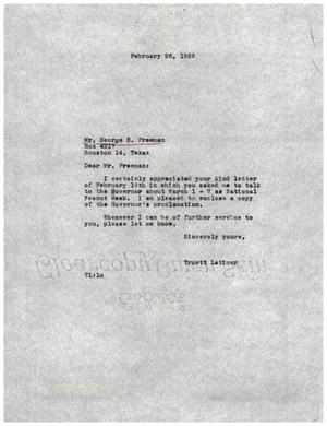 Primary view of object titled '[Letter from Truett Latimer to George B. Freeman, February 26, 1959]'.