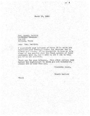 [Letter from Truett Latimer to Mrs. Harold Pettitt, March 16, 1959]