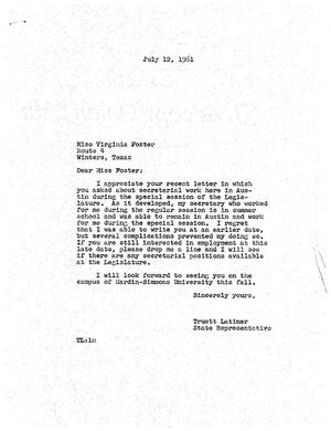 [Letter from Truett Latimer to Virginia Foster, July 12, 1961]