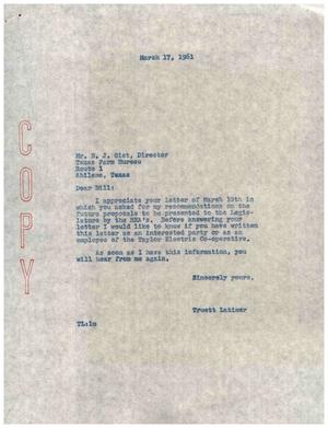 [Letter from Truett Latimer to B. J. Gist, March 17, 1961]