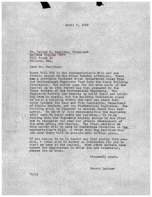 [Letter from Truett Latimer to Dalton E. Hamilton, April 9, 1959]