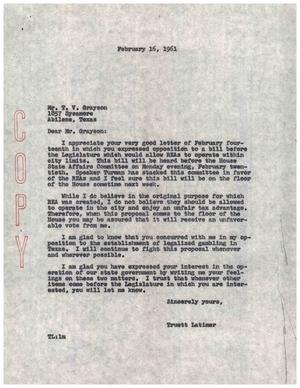 [Letter from Truett Latimer to T. V. Grayson, February 16, 1961]