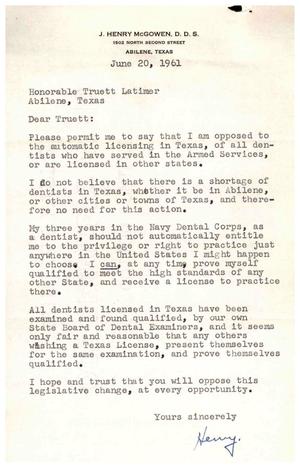 [Letter from J. Henry McGowen to Truett Latimer, June 20, 1961]