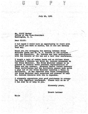 Primary view of object titled '[Letter from Truett Latimer to Cliff Carter, July 20, 1961]'.