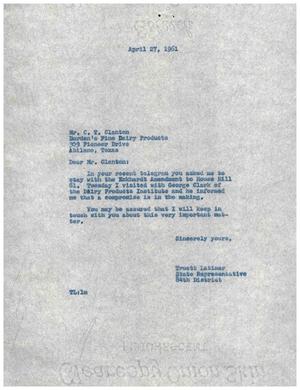 [Letter from Truett Latimer to C. T. Clanton, April 27, 1961]