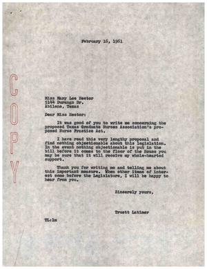 [Letter from Truett Latimer to Mary Lee Hector, February 16, 1961]