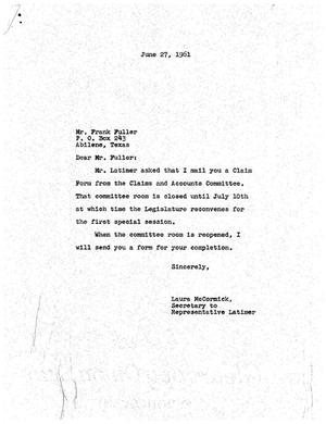[Letter from Laura McCormick to Frank Fuller, June 27, 1961]