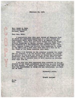 [Letter from Truett Latimer to Mrs. Dewey G. Webb, February 22, 1961]