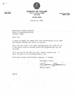[Letter from Nelson Quinn to Truett Latimer, March 20, 1961]