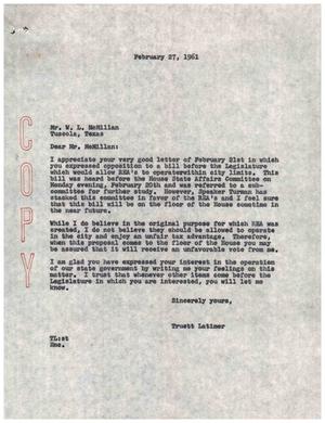 [Letter from Truett Latimer to W. L. McMillan, February 27, 1961]
