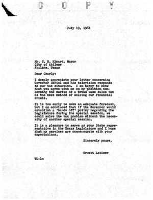 [Letter from Truett Latimer to C. R. Kinard, July 19, 1961]