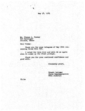 [Letter from Truett Latimer to Thomas A. Tucker, May 18, 1961]