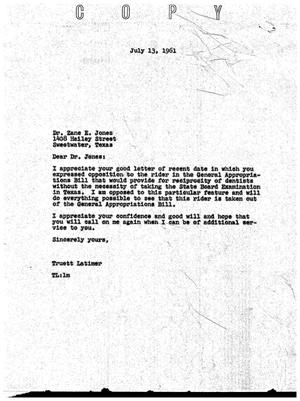 [Letter from Truett Latimer to Zane E. Jones, July 13, 1961]