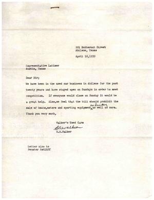 [Letter from E. A. Walker to Truett Latimer, April 18, 1959]