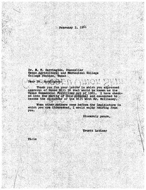 [Letter from Dr. M. T. Harrington to Truett Latimer, February 3, 1961]