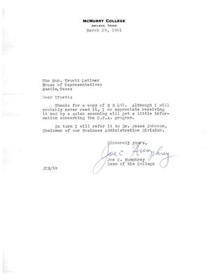 [Letter from Joe C. Humphrey to Truett Latimer, March 29, 1961]