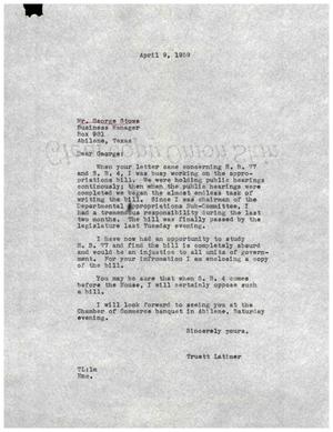 [Letter from Truett Latimer to George Stowe, April 9, 1959]