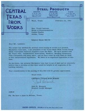 [Letter from Jack H. Womack to Truett Latimer, February 22, 1961]