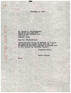 [Letter from Truett Latimer to George W. Pfeiffenberger, February 20, 1961]