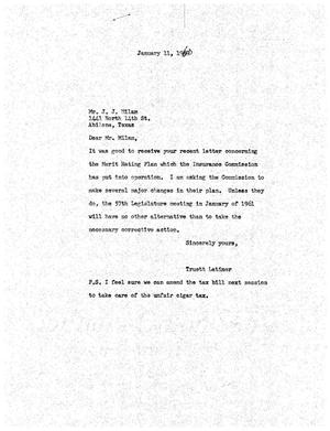 [Letter from Truett Latimer to J. J. Milam, January 11, 1960]